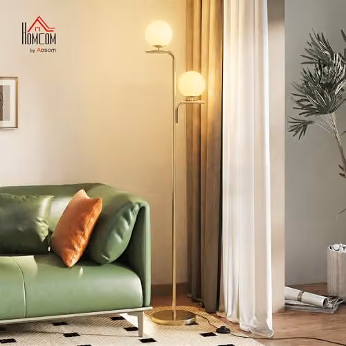 HOMCOM Modern LED Floor Lamp with Glass Sphere Shade and Foot Switch, Gold/Brass and White – 2