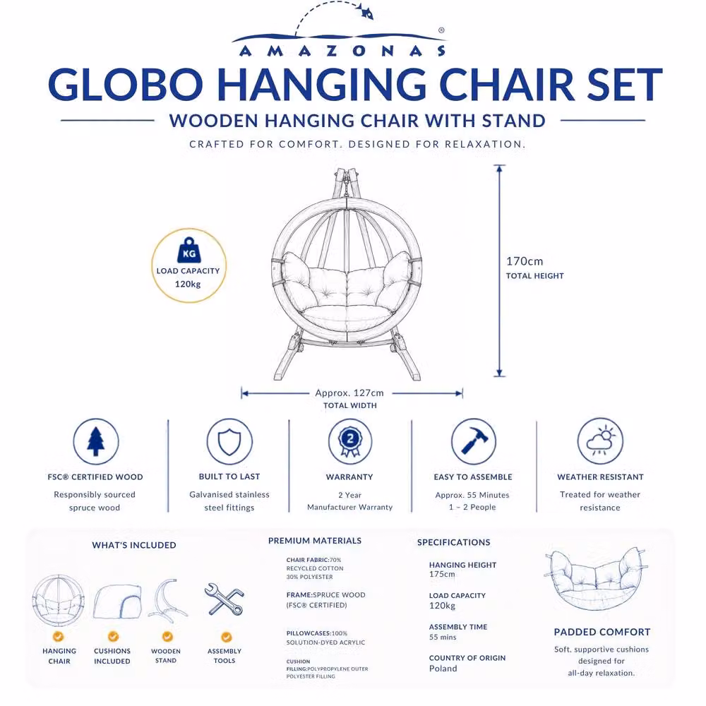 Amazonas Globo Single Hanging Egg Chair Set with Wooden Stand in Charcoal Grey – 3