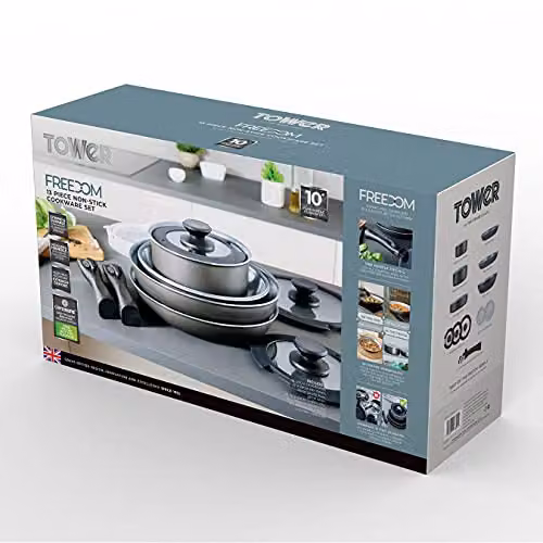 Tower Freedom 13 Piece Stackable Cookware Set with Ceramic Non-Stick Coating, Grey – 12
