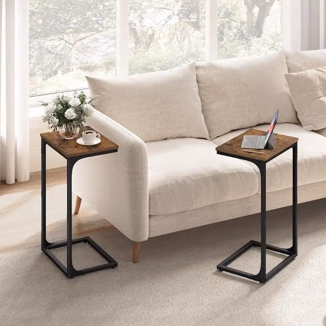 VASAGLE Set of 2 Industrial C-Shaped Side Tables in Brown with Metal and Composite Frames – 1