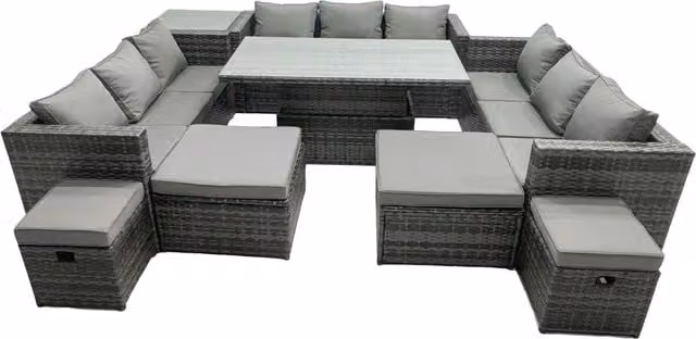 Fimous 13-Seat Rattan Outdoor Dining Set with Sofa, Side Table and 4 Stools in Dark Grey