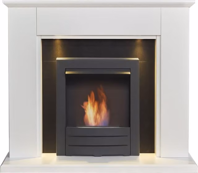 Adam Fires & Fireplaces Eltham Fireplace in Pure White and Black with Downlights and Colorado Bio Ethanol in Black, 45 Inch, Grey – 1