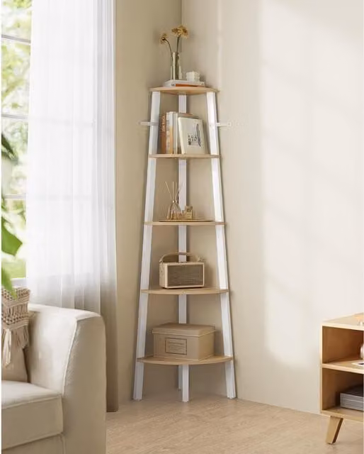 The Bazaarist 5-Level Corner Display Ladder Shelf Stand in Natural Oak and Matte White