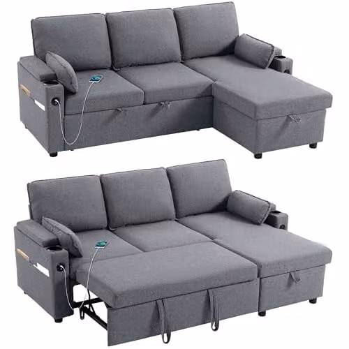 HOMCOM L-Shaped 3 Seater Corner Sofa Bed in Grey with Reversible Storage Chaise and USB Charging