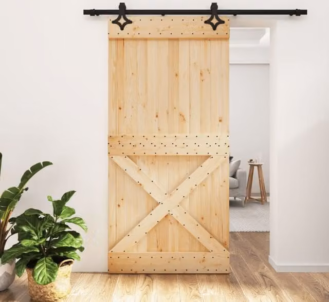 Berkfield Home Rustic Solid Wood Pine Sliding Door with Hardware Set, Brown, W: 100 cm, H: 210 cm