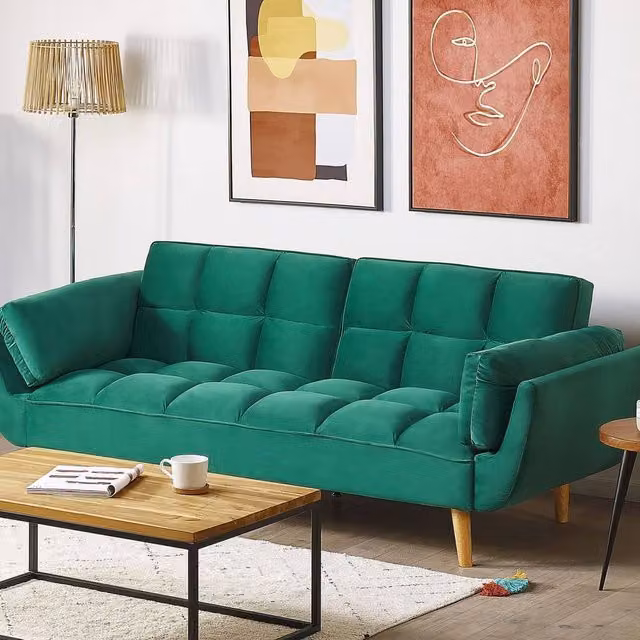 Wyld and Coco Green Velvet 3-Seater Click Clack Sofa Bed with Rubberwood Legs – 1