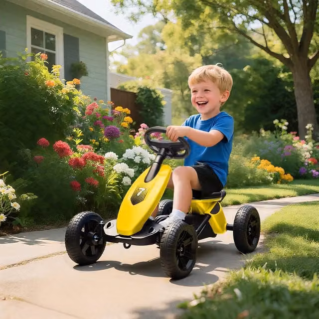 AIYAPLAY Kids Pedal Go-Kart with Silent EVA Foam Wheels in Yellow