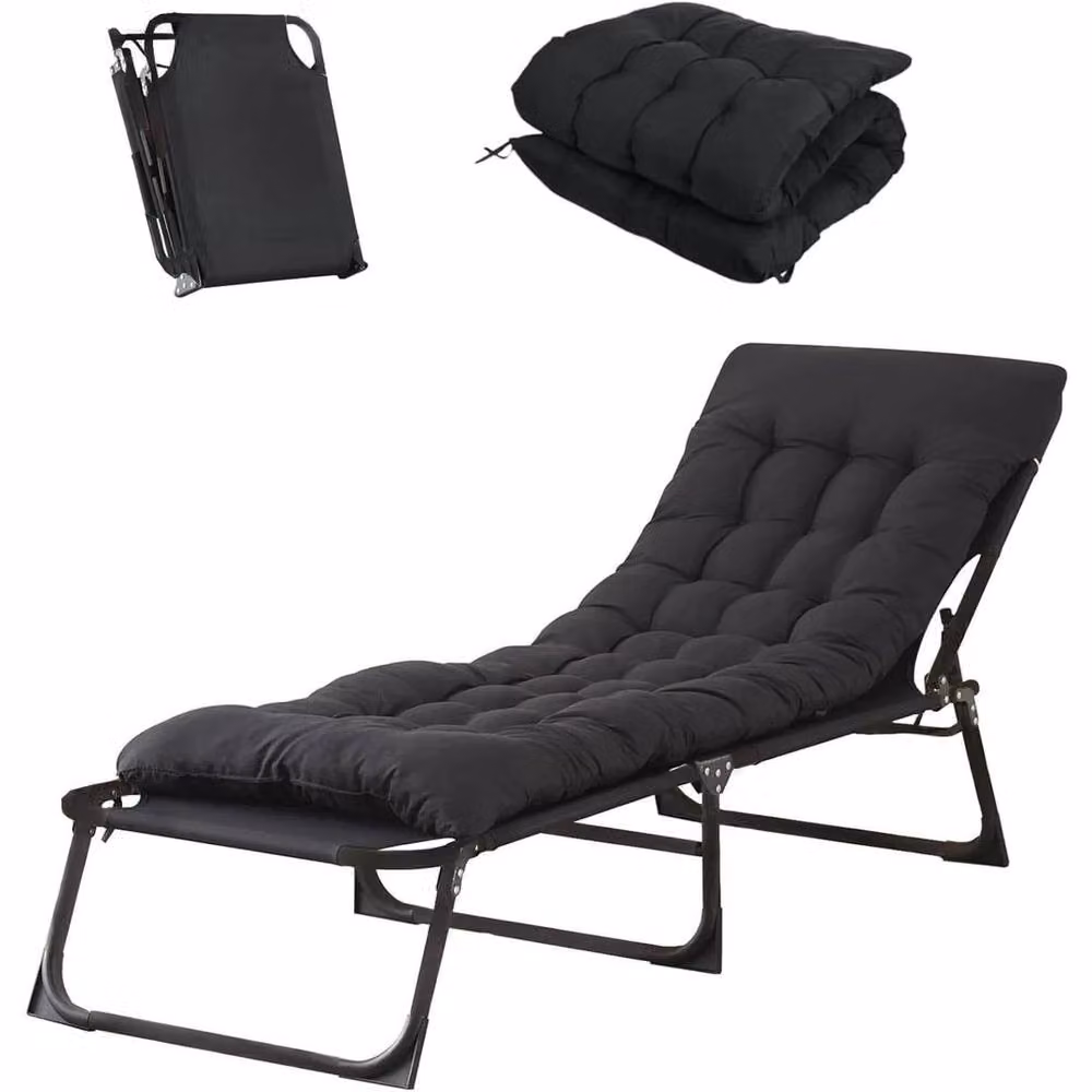 PAWNORA Double Folding Sun Lounger Recliners in Black with Weatherproof Cushions – 2