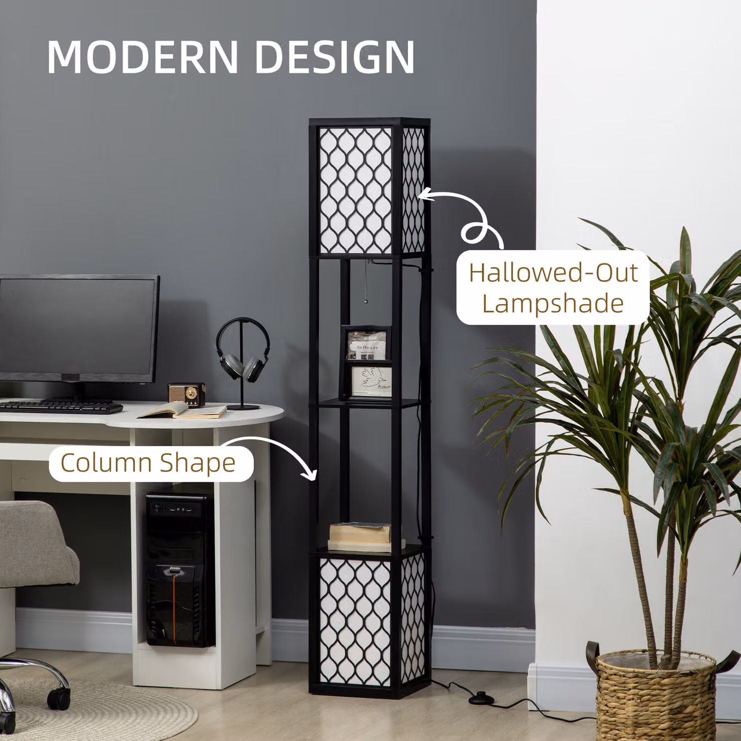 HOMCOM Modern Tall Floor Lamp with Shelves and Dual Light, Black – 5