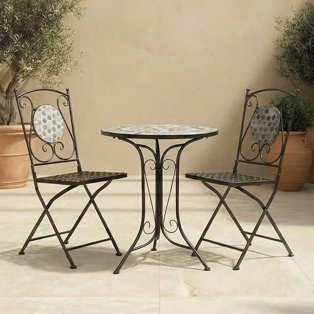 Charles Bentley 3 Piece Antique Mosaic Garden Table and Chair Set in Black and Blue