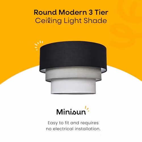 MiniSun Set of 2 Round Modern 3 Tier Fabric Ceiling Pendant Light Shades in Black, Grey and White, Shade Width: 30 cm – 2
