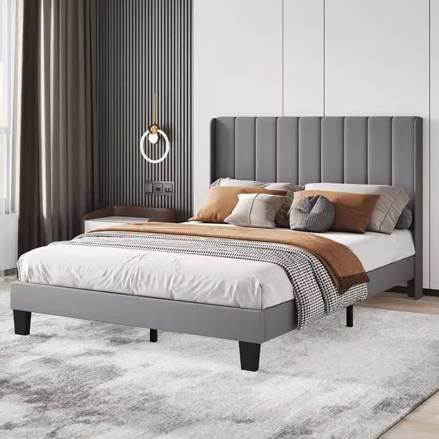 Levede Modern Upholstered Double Bed Frame in Grey and Beige, W/D/H: 140 x 200 cm