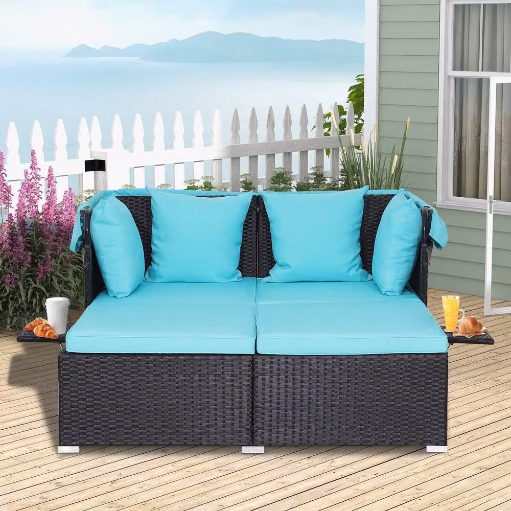 Costway Outdoor Hand-Woven PE Wicker Daybed Patio Loveseat Sofa Set with Retractable Sun Canopy and Side Tray in Multicolour – 4