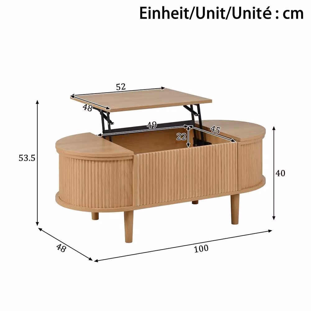 Merax Oval Lift-Top Fluted Coffee Table with Storage in Brown and Beige, W/D/H: 100 x 60 x 48 cm – 2