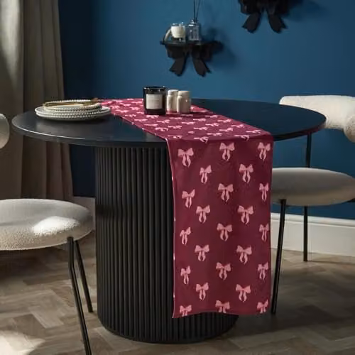 OHS Burgundy Matte Velvet Bow Print Table Runner, W/L: 33 x 200 cm – 1