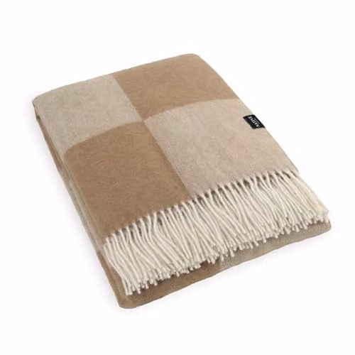 Simply Sheepskin Beige Checkerboard Jacquard Woven New Zealand Wool Blanket, W: 140 cm, L: 200 cm