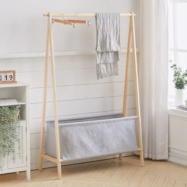 Livingandhome Lacquered Brown Pine Wooden Clothes Rail