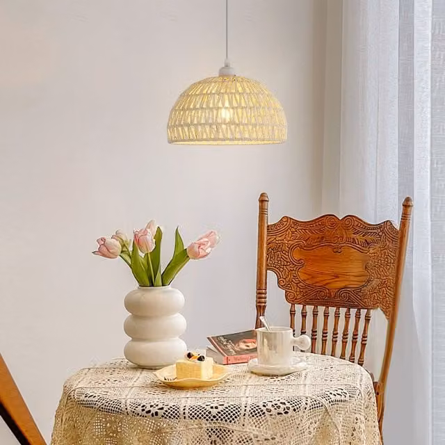 Pheashine Beige White Rattan Woven Round Pendant Light with Adjustable 130cm Cord, E27