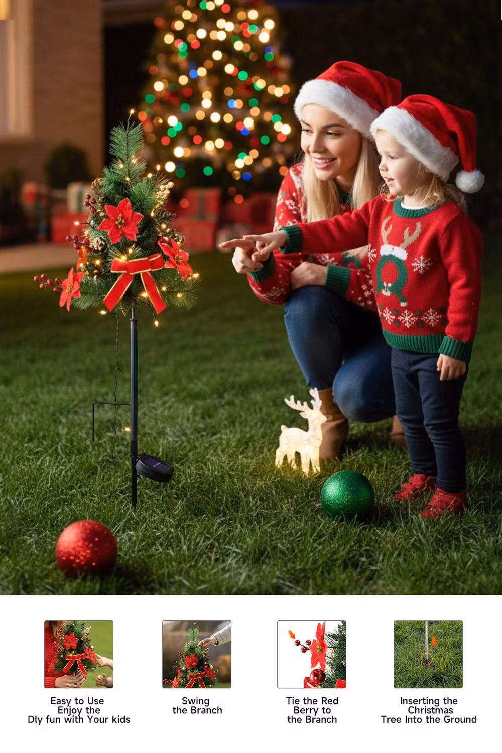 Living and Home 2-Piece Pre-Lit Artificial Christmas Tree Urn Filler with Poinsettia Flowers and Bows in Red, Gold and Multicolour – 3
