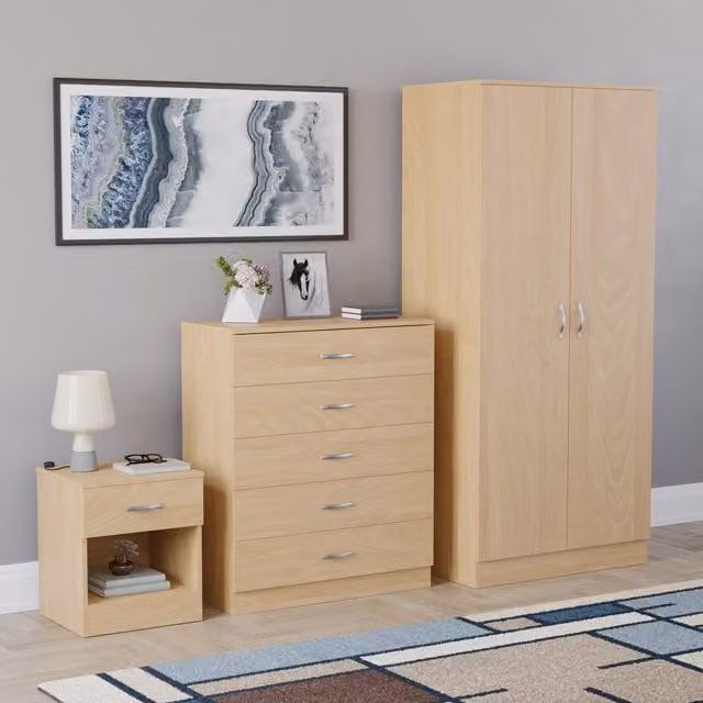 Vida Designs Riano 3 Piece Modern Bedroom Set in Pine Finish, including Wardrobe, Chest of Drawers and Bedside Chest