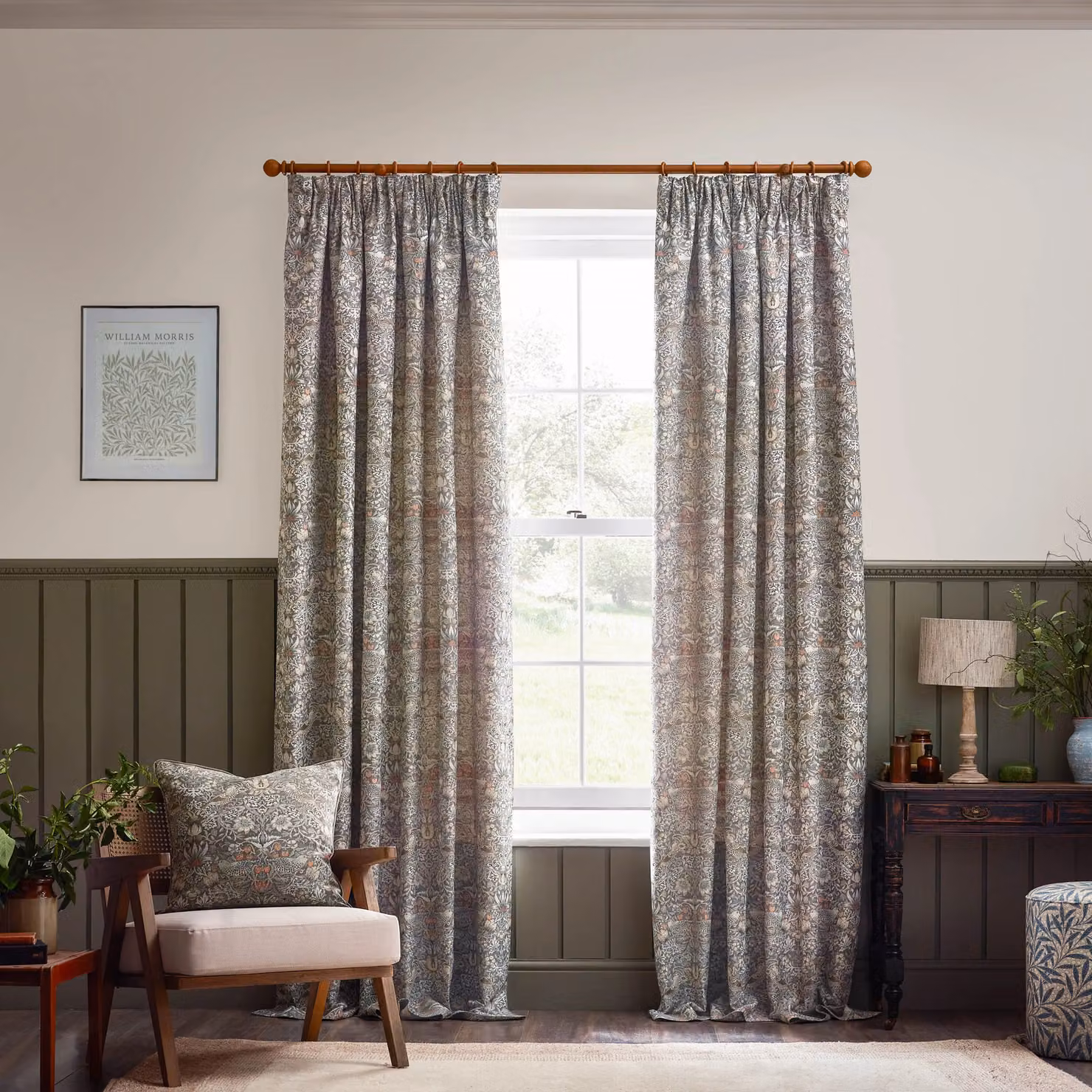 Morris & Co. Strawberry Thief Jacquard Floral Pencil Pleat Curtains, Beige, Width: 168 cm, Drop: 229 cm – 2