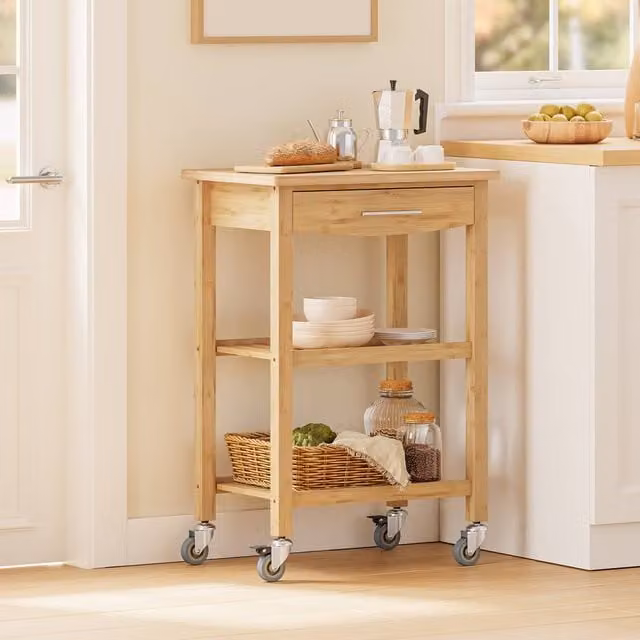 SoBuy Bamboo Kitchen Trolley with Drawer in Brown and Beige, H 86.0 x W 40.0 x D 40.0 cm