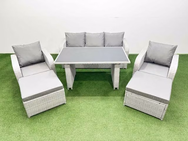 Fimous 7-Seater Outdoor Rattan Garden Furniture Dining Set with 2 Large Stools in Light Grey