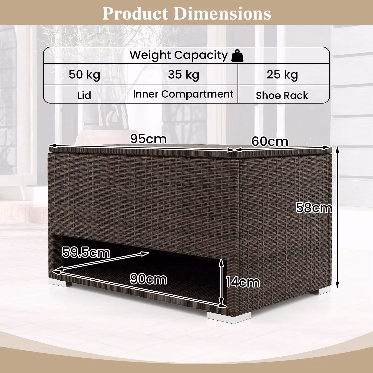 Gymax Brown PE Rattan Deck Box with Shoe Rack and 180L Storage Capacity for Cushions and Tools – 3