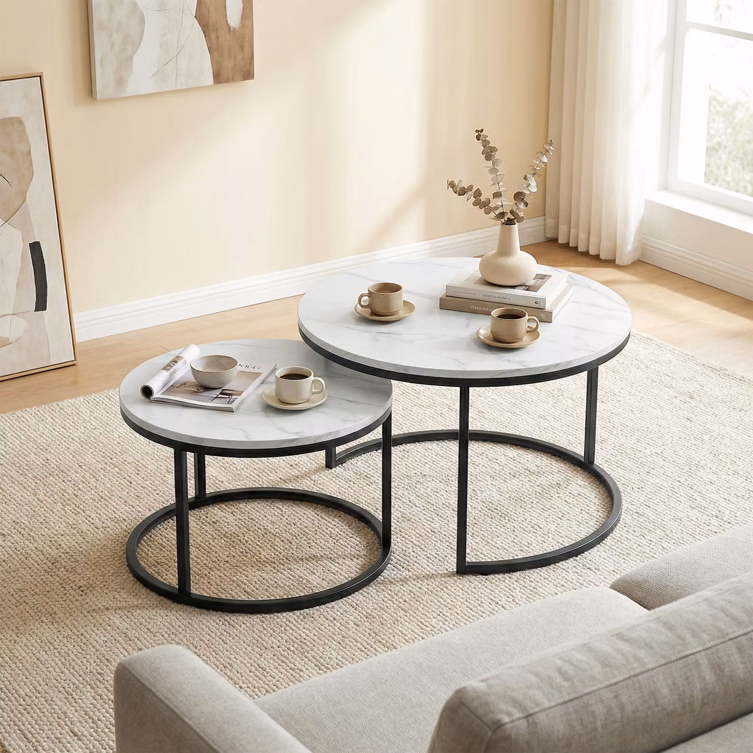 HOMCOM Set of Two White Marble-Effect Round Stacking Tables with Glossy MDF Tops and Metal Sled Bases – 6