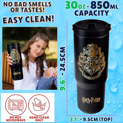 Get Trend Harry Potter Insulated Metal Travel Tumbler with Flip Up Straw and Handle, Black, 850ml – 6