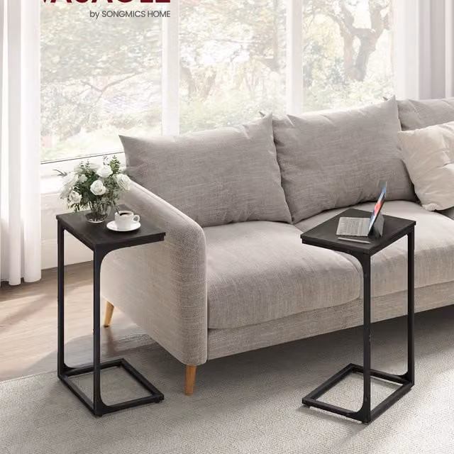 VASAGLE Set of 2 C-Shaped Side Tables in Grey and Black with Metal Sled Base