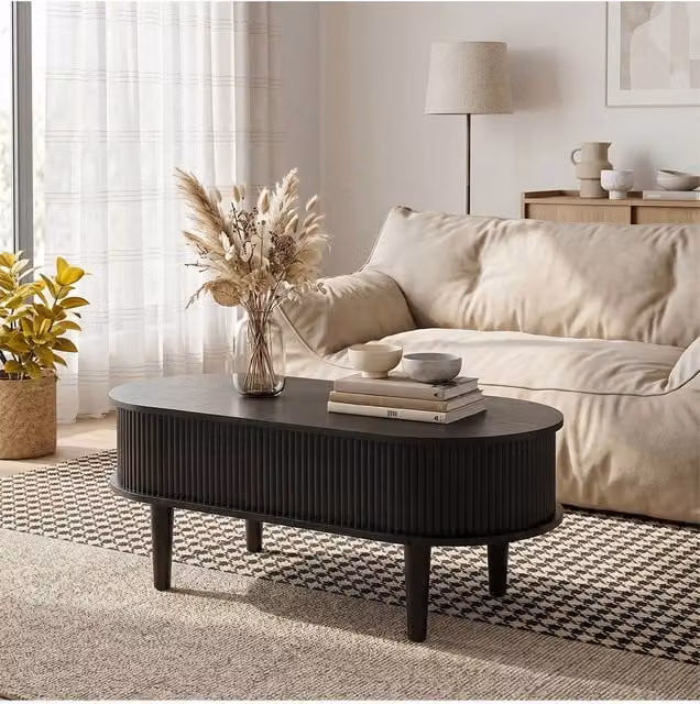 Living and Home Mid-Century Oval Wooden Lift-Top Coffee Table in Black