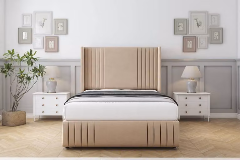 Sloomy Camden Plush Divan Set with Wingback Headboard and Footboard in Sand, W/D/H: 120 x 200 cm