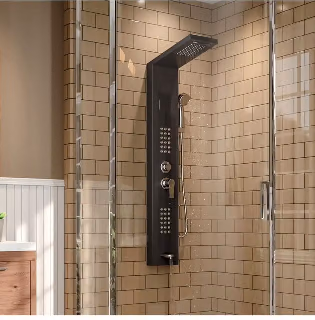 Living and Home Stainless Steel Shower Panel with LED Temperature Display, Hand Shower, Rain and Massage Functions in Matt Black, H: 134.8 cm – 1