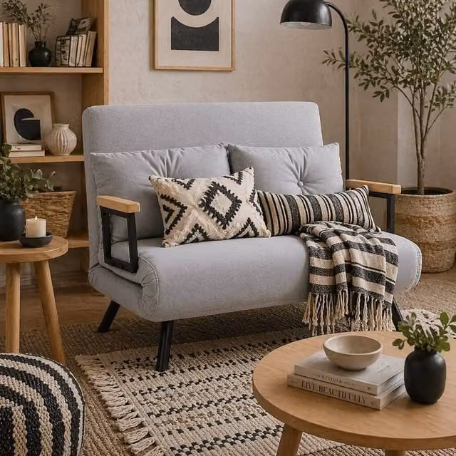 Wyld Haus Pazike 4 in 1 Convertible Velvet Feel Double Sofa Bed in Grey, W/D/H: 140 x 200 x 73 cm