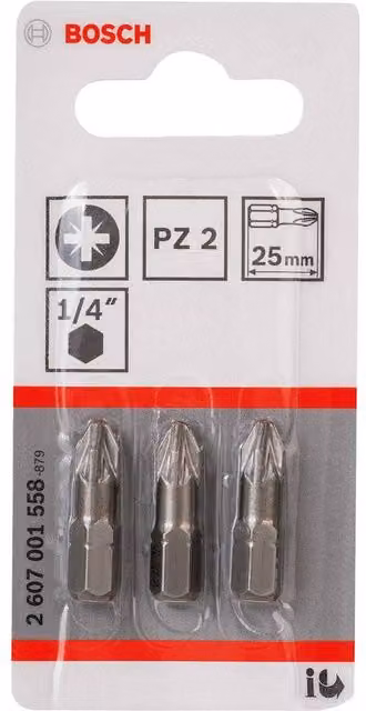 Bosch PZ2 Extra Hard Pozi Screwdriver Bit, 3 Pack, Silver Steel – 1