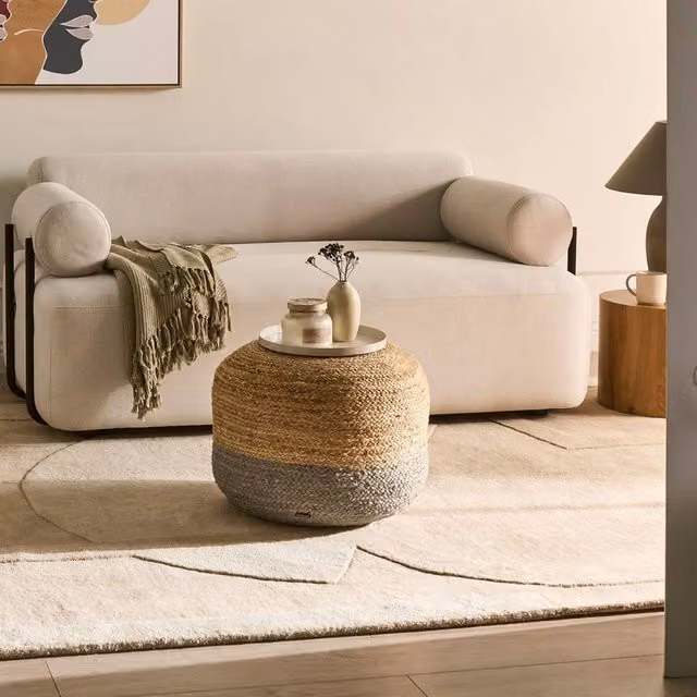 Wyld and Coco Jute Round Ottoman in Beige, W/D/H: 50 x 50 x 40 cm