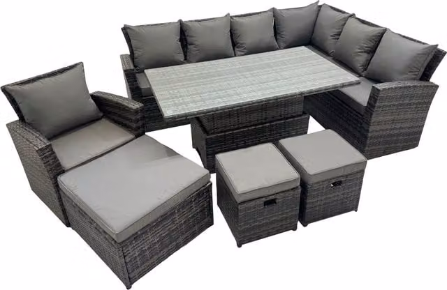 Fimous 10 Seat Rattan Garden Furniture Corner Sofa Set with 3 Footstools in Dark Grey – 1