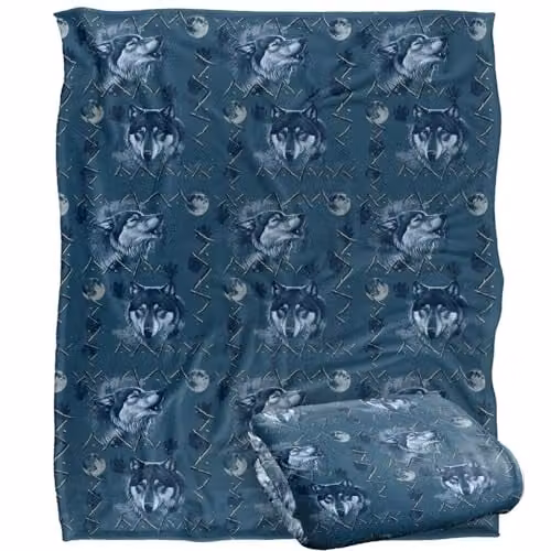 JQ Licensing Wolf Howl Moon Pattern Super Soft Silky Touch Throw Blanket, White, W: 152 cm, D: 127 cm