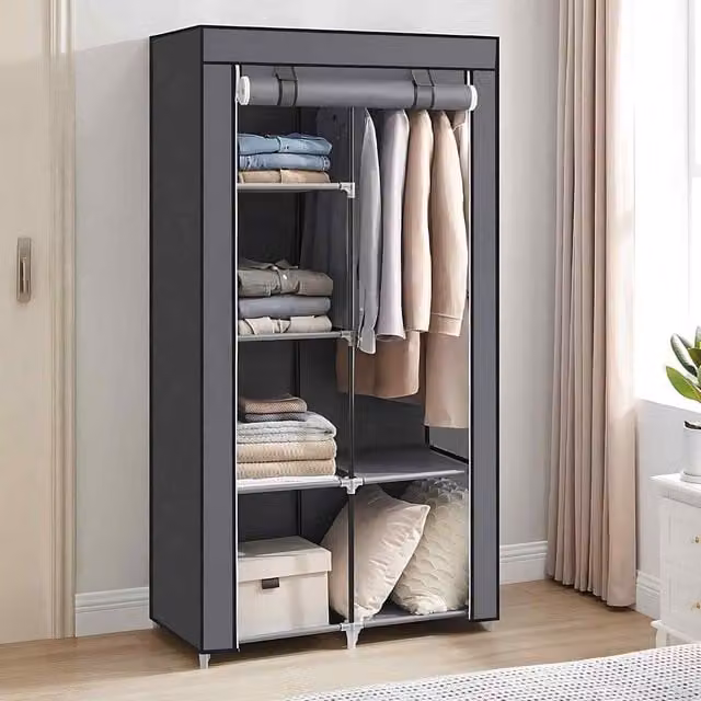 The Bazaarist Freestanding Fabric Wardrobe with Hanging Rail and Shelves, Grey, H 170 x W 88 x D 45 cm