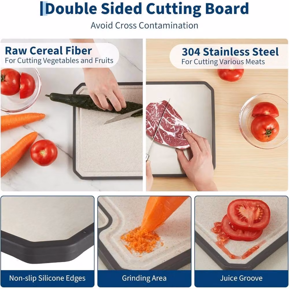 VOGREX Double Sided Titanium 304 Stainless Steel Reversible Cutting Board with Groove and Handle in Silver and Multicolour – 3