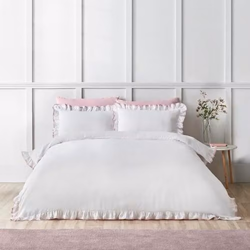 Catherine Lansfield So Soft Mono Frill King Duvet Cover Set with Pillowcases White and Pink, W/D/H: 180 x 200 cm, Pillowcases: 50 x 75 cm