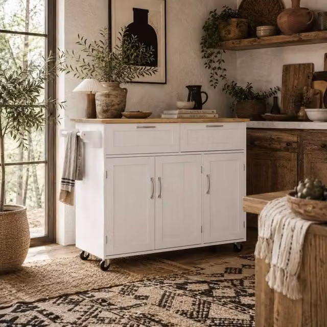 Wyld Haus Nave White Wooden Kitchen Island with 2 Drawers and 2 Cabinets and Rubberwood Top – 1