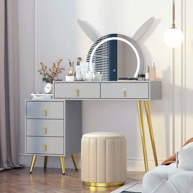 KEEPREAPER Modern Grey Dressing Table with LED Mirror and 5 Drawers featuring Metal Legs – 1