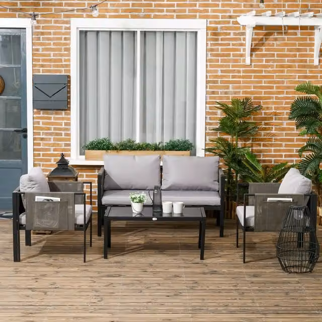 Outsunny 4 Piece Modern Garden Furniture Set with Tempered Glass Coffee Table in Grey
