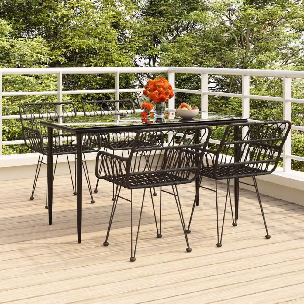 Berkfield Home Beautiful 5 Piece Black Poly Rattan Garden Dining Set with Glass Top Table – 2