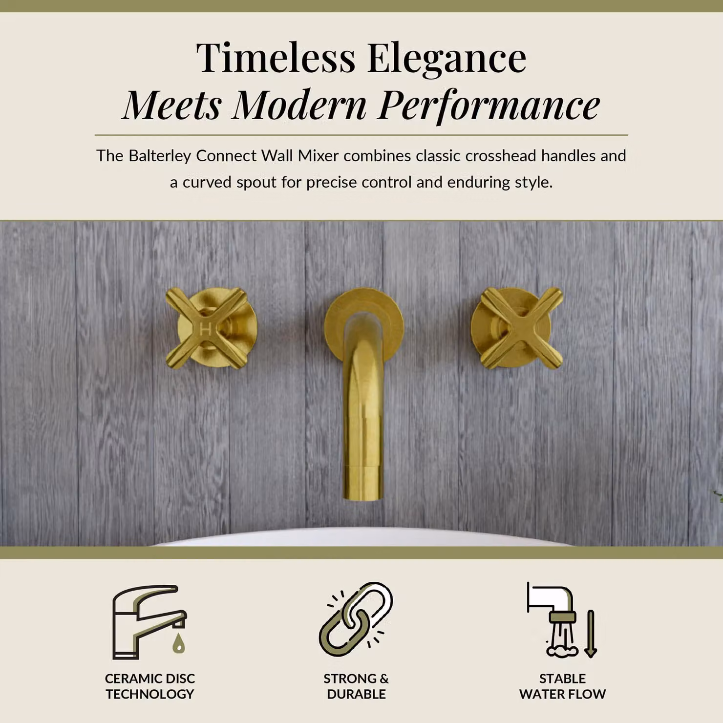 Balterley Connect Wall Mounted 3 Hole Basin Mixer Tap with Curved Spout in Brushed Brass – 2