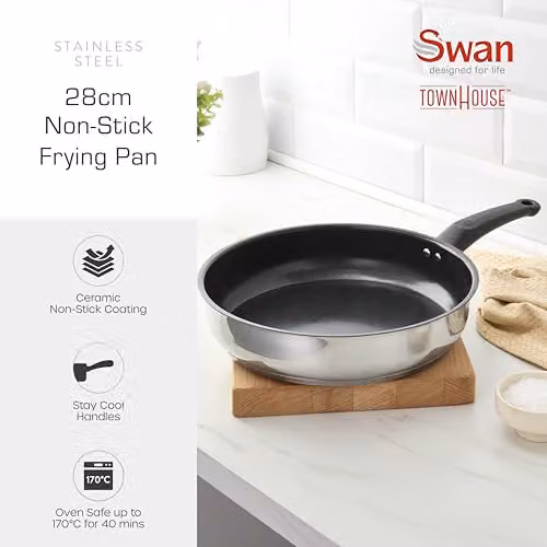 Swan Townhouse 28cm Ceramic Non-Stick Stainless Steel Frying Pan in Silver – 6