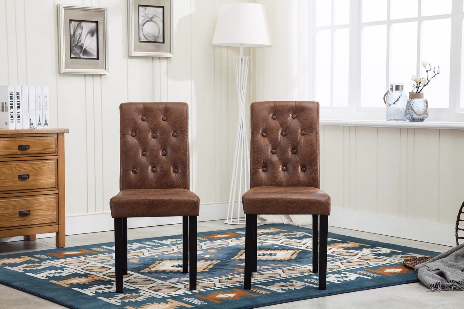 MCC Direct Set of 2 Modern Brown Linen Fabric Padded Buttoned Back Dining Chairs – 2