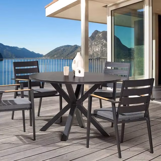 Wyld and Coco Round Garden Table with Black Aluminium Frame and Ceramic Glass Top, Diameter: 120 cm, Height: 75 cm